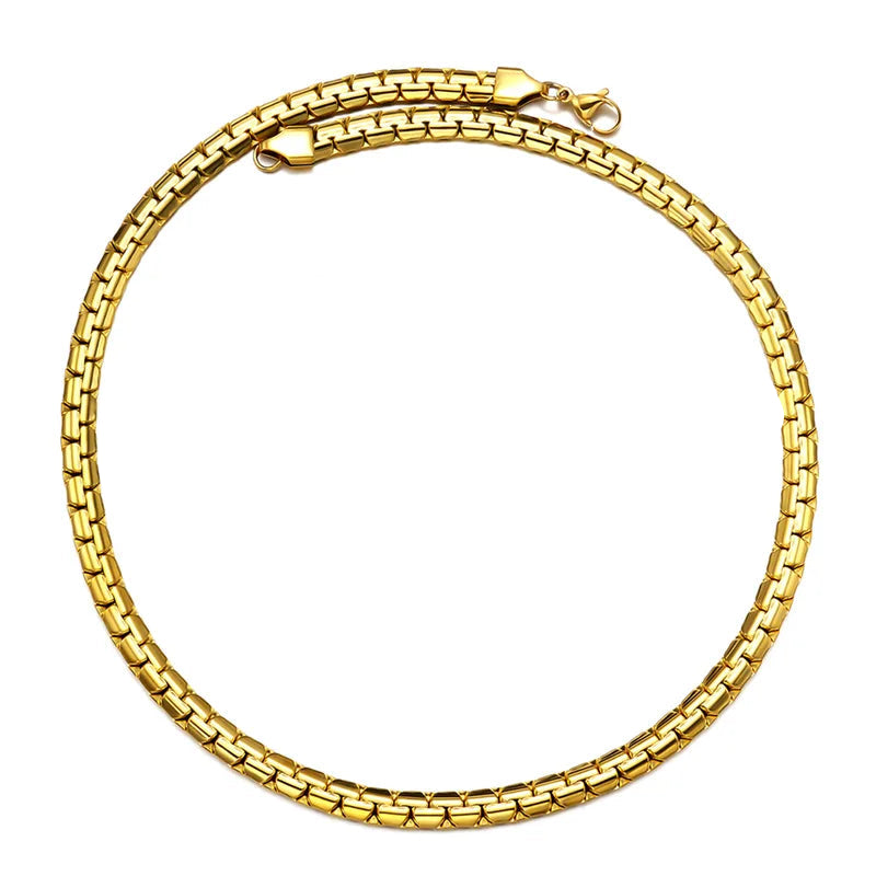 "18K Gold Plated Round Box Chain Necklace – 5.5mm Heavy Rounded Venetian Link Choker for Men and Women, 18 Inch Streetwear Jewelry"