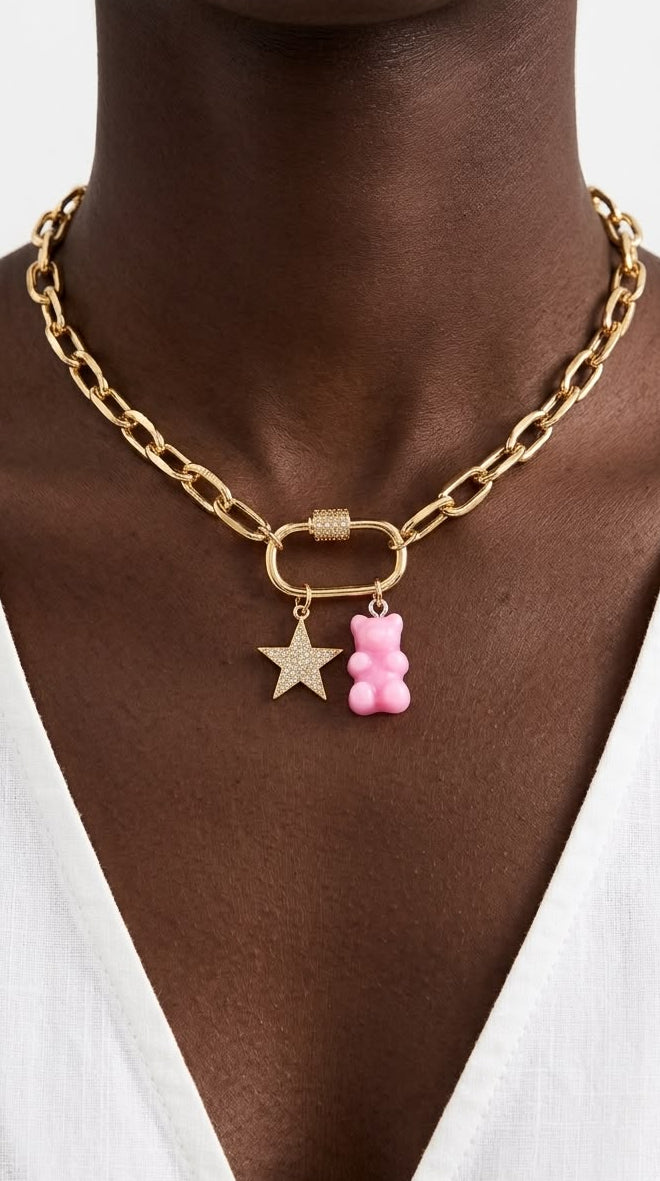 BEAR Chain Necklace- Pink
