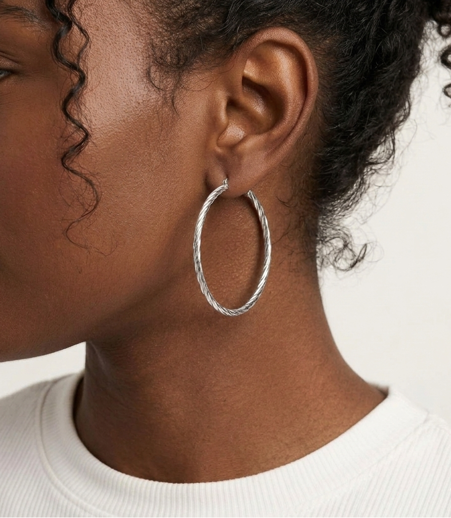 AMBER HOOP Earrings  - Waterproof - حلق امبر فضي كبير